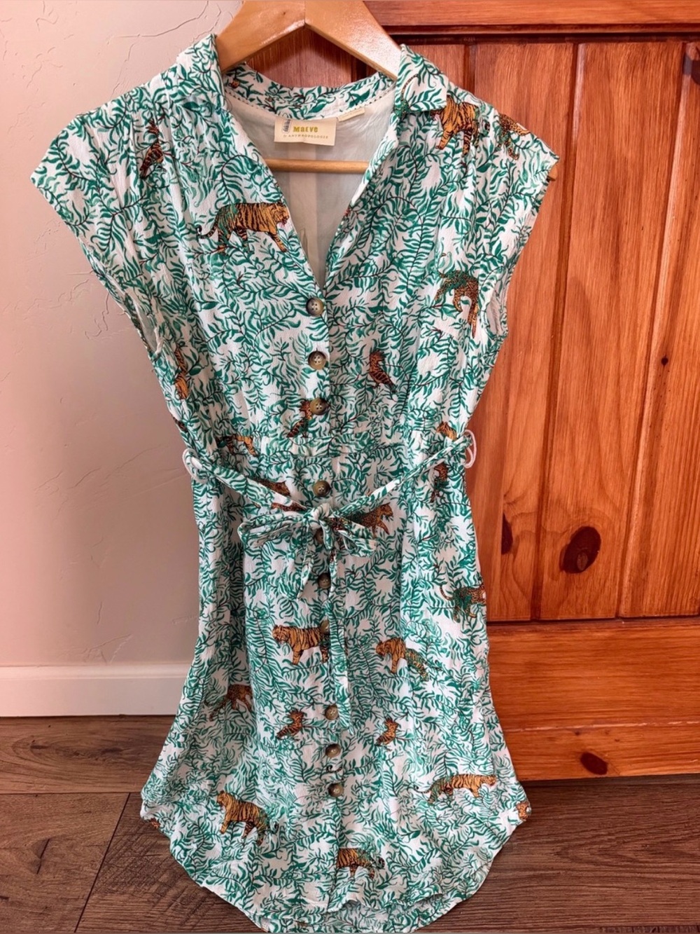 Maeve Anthropologie Tropical Tiger Print Shirt Dress Size 6P Green White artisan